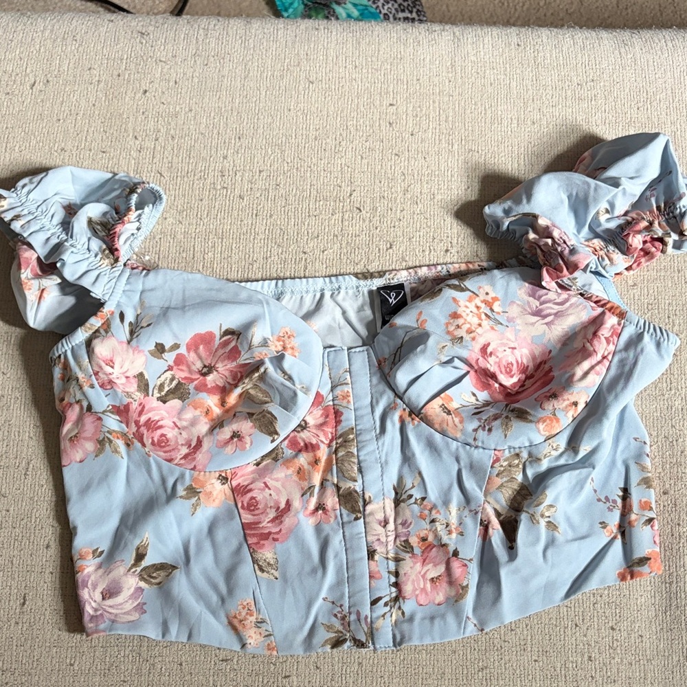 Windsor Powder Blue Floral Bustier Crop Top with Pink Roses